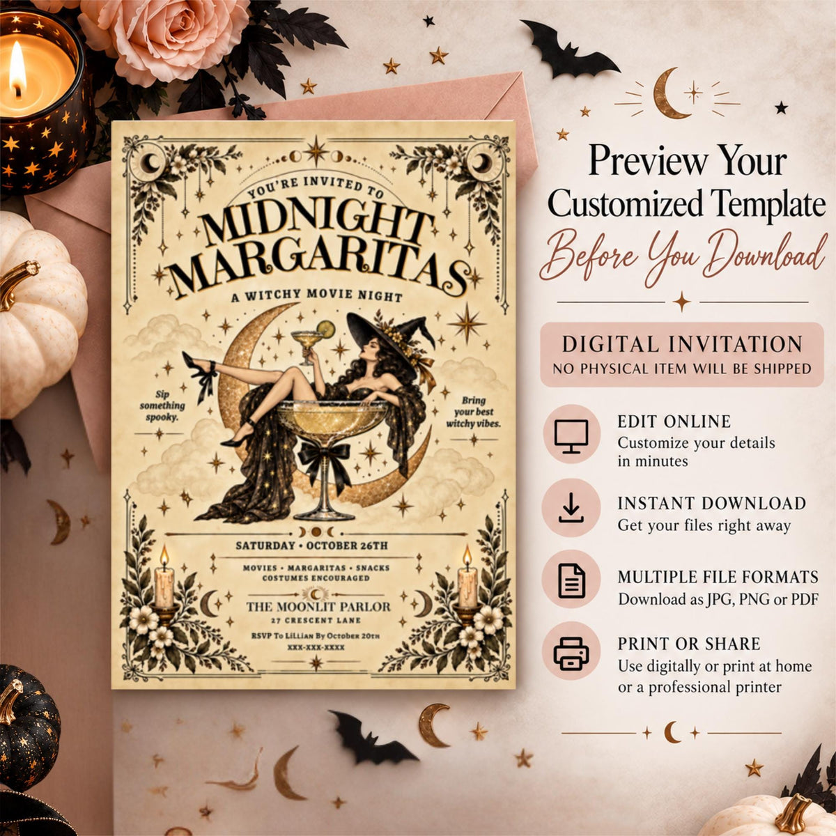 Midnight Margaritas witchy movie night invitation displayed beside a customization information panel. The vintage Halloween design features a witch lounging in a margarita glass, crescent moon, botanical borders, and antique-style lettering.