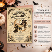 Midnight Margaritas witchy movie night invitation displayed beside a customization information panel. The vintage Halloween design features a witch lounging in a margarita glass, crescent moon, botanical borders, and antique-style lettering.