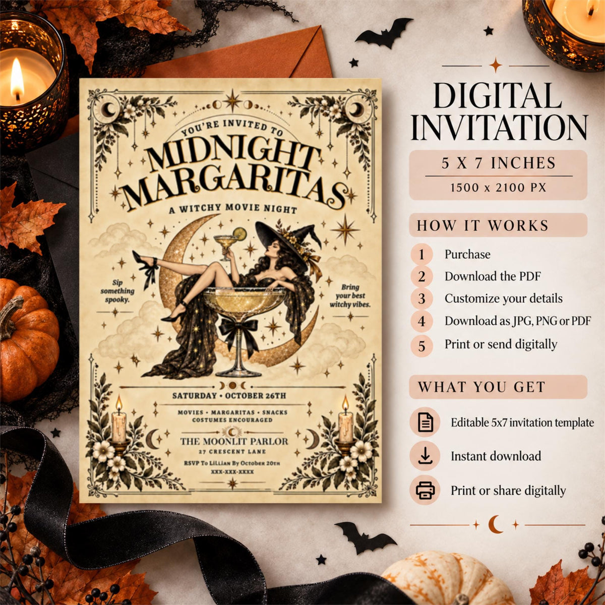 Midnight Margaritas Halloween invitation displayed beside a digital download information panel with pumpkins, black ribbon, and autumn leaves. The editable 5 × 7-inch design features a vintage witch illustration and instructions for downloading and customizing the invitation.