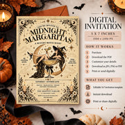 Midnight Margaritas Halloween invitation displayed beside a digital download information panel with pumpkins, black ribbon, and autumn leaves. The editable 5 × 7-inch design features a vintage witch illustration and instructions for downloading and customizing the invitation.