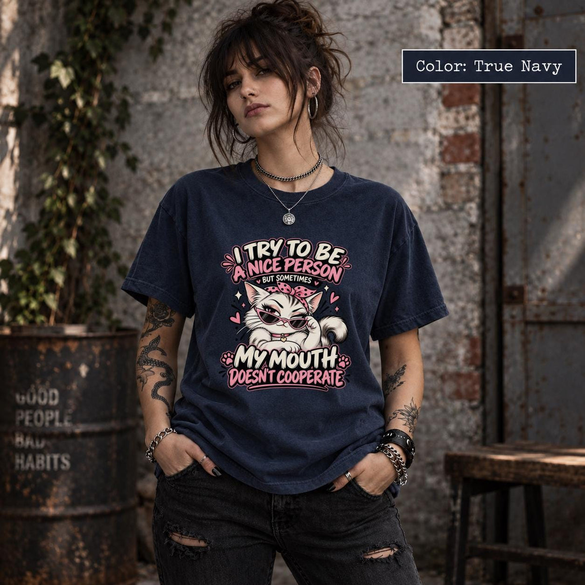 True Navy Comfort Colors 1717 tee displaying the sarcastic cat quote graphic in a deep navy shade.