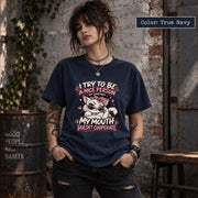 True Navy Comfort Colors 1717 tee displaying the sarcastic cat quote graphic in a deep navy shade.