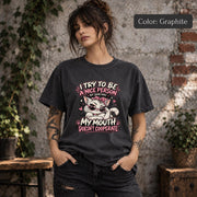 Graphite Comfort Colors tee showing the same sarcastic kitty graphic in a dark neutral color option.