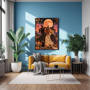 Retro fantasy wall art displayed above a mustard sofa against a blue accent wall with tropical plants. The vibrant print features three witches, a sunset sky, glowing celestial symbols, and colourful blossoms.