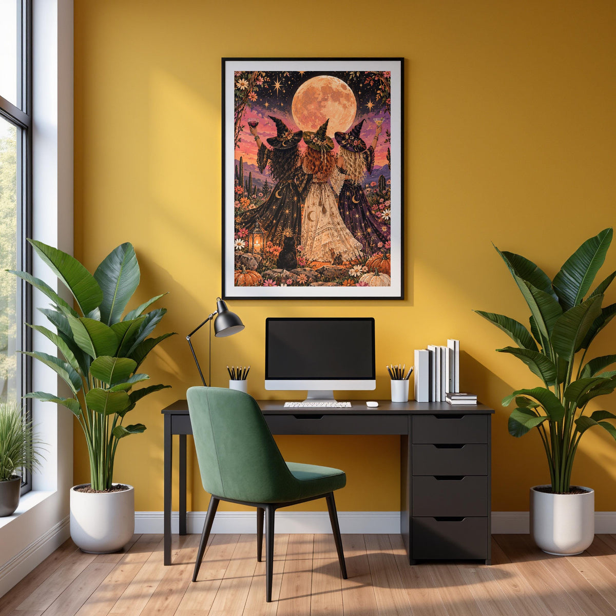 Retro witchcore poster displayed above a desk with a mustard-yellow chair and leafy green plants. The vibrant artwork features three magical friends raising their glasses beneath a peach moon and starry sky.