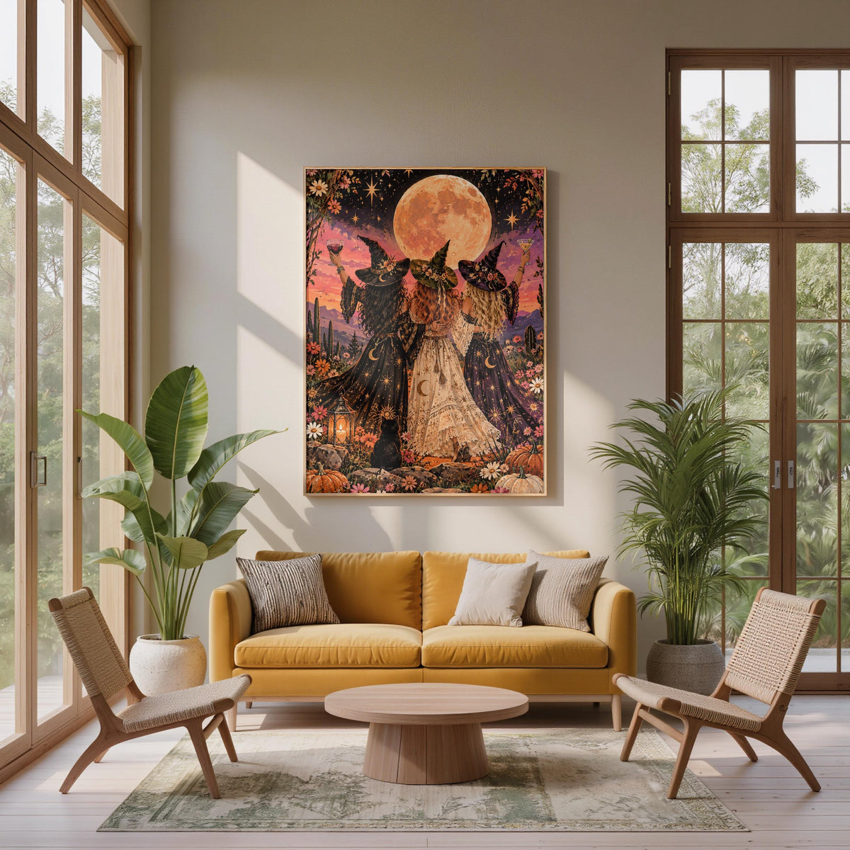 Colourful witchcore wall art displayed above a mustard sofa in a sunlit living room with tall windows and houseplants. The artwork features three magical friends, vibrant flowers, and a warm pink-and-orange sunset.