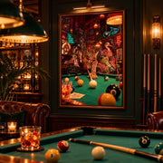 Framed funny billiards poster hanging on a dark green wall above a pool table. Warm wooden furnishings, vintage lighting, and scattered billiard balls create a cozy home bar setting for this quirky animal artwork.