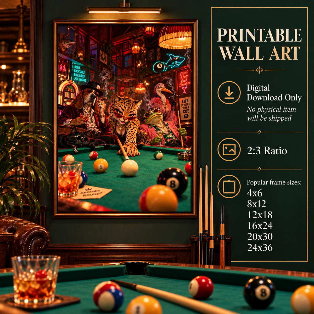 Retro billiards wall art displayed in a framed 24x36-style poster beside a digital download information panel. The funny animal artwork features a glamorous leopard playing pool with stylish animal friends in a colourful neon-lit lounge.