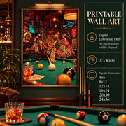 Retro billiards wall art displayed in a framed 24x36-style poster beside a digital download information panel. The funny animal artwork features a glamorous leopard playing pool with stylish animal friends in a colourful neon-lit lounge.