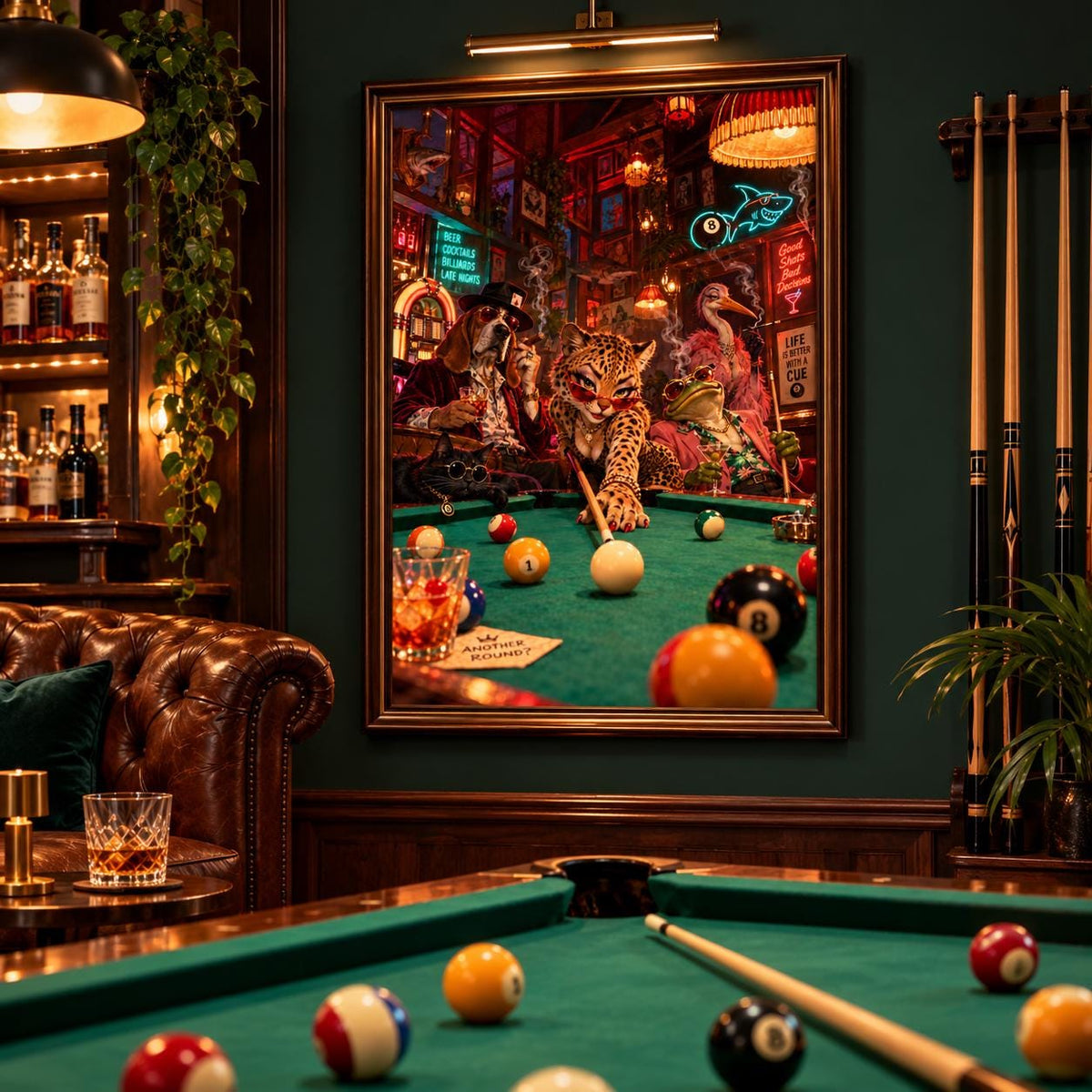 Framed retro billiards artwork displayed in a warm pool room with leather seating, wooden paneling, and a green felt table. The colourful animal design creates a playful focal point for a home bar or game room.
