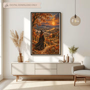 Mystical autumn witch wall art displayed in a black frame above a cream console table in a bright neutral living room. The vintage-inspired landscape painting features a red-haired witch walking with her black cat and glowing lantern beneath a golden harvest moon, surrounded by colourful fall foliage, pumpkins, and a distant village. A banner reads Digital Download Only, indicating this is printable wall art with no physical item shipped.