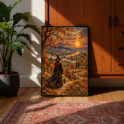 Gothic cottagecore wall art displayed above a mustard-yellow sofa against a dark green accent wall. The artwork features a red-haired witch in a flowing black dress overlooking a moonlit autumn valley.