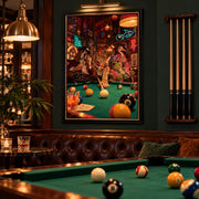 Funny leopard wall art hanging above a billiards table in a richly decorated home game room. The poster features stylish animal characters, cocktails, and neon lounge details, complemented by dark wood and golden lighting.