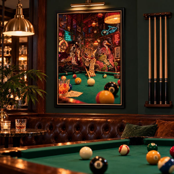 Funny leopard wall art hanging above a billiards table in a richly decorated home game room. The poster features stylish animal characters, cocktails, and neon lounge details, complemented by dark wood and golden lighting.