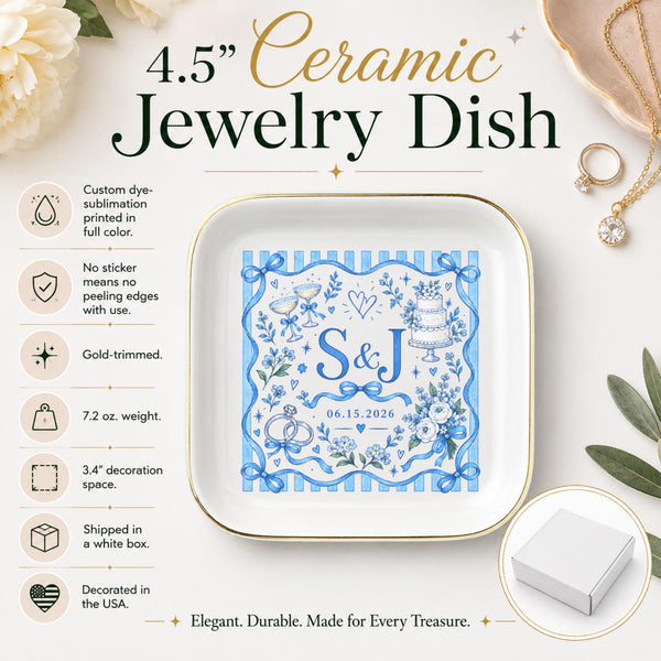 Product details mockup for a 4.5-inch ceramic jewelry dish featuring a custom blue wedding design, gold edging, personalized initials, and date.
