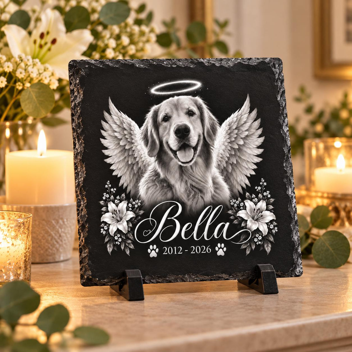 Square custom pet memorial slate featuring a dog portrait with angel wings, halo, floral accents, personalized name Bella, and memorial dates.