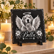 Square custom pet memorial slate featuring a dog portrait with angel wings, halo, floral accents, personalized name Bella, and memorial dates.