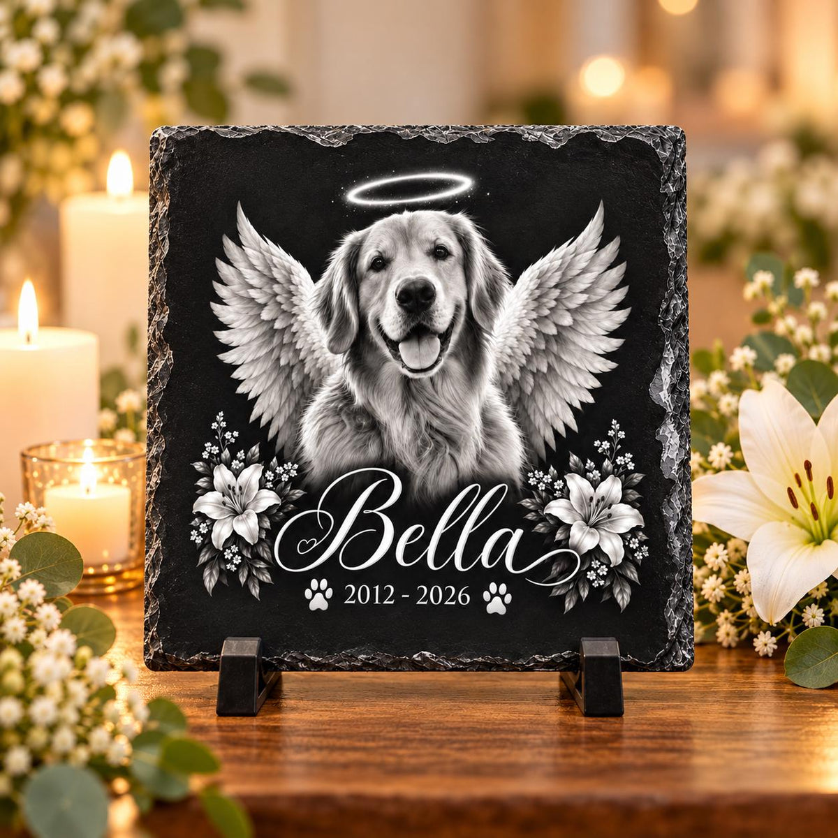 Square pet memorial slate mockup showing a custom dog portrait with angel wings, flowers, personalized name, and dates displayed on a wooden stand.