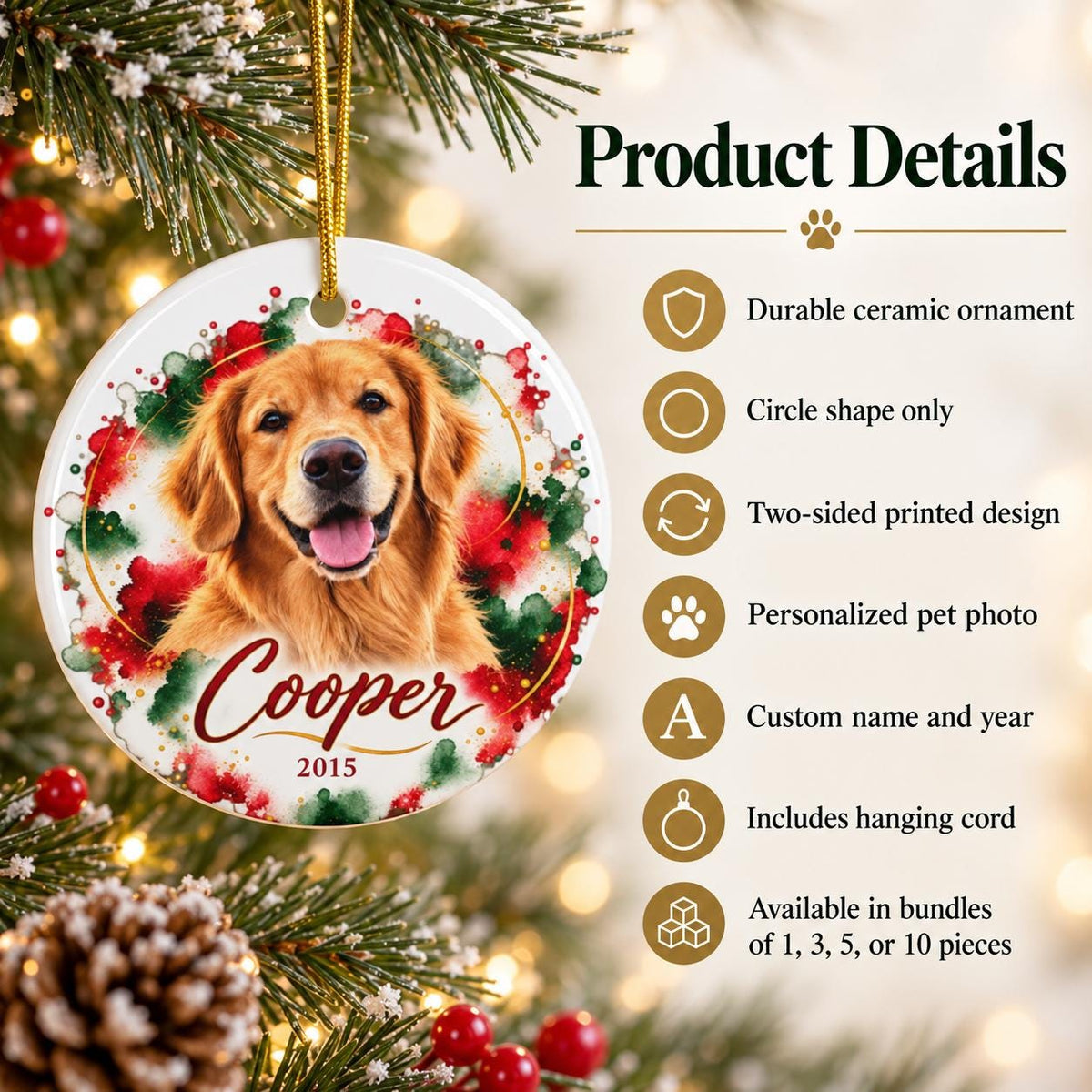 Personalized golden retriever ceramic ornament with red and green watercolor artwork, displayed beside product information highlighting the round shape, double-sided printing, custom photo, name, year, and hanging cord.