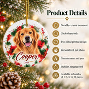 Personalized golden retriever ceramic ornament with red and green watercolor artwork, displayed beside product information highlighting the round shape, double-sided printing, custom photo, name, year, and hanging cord.