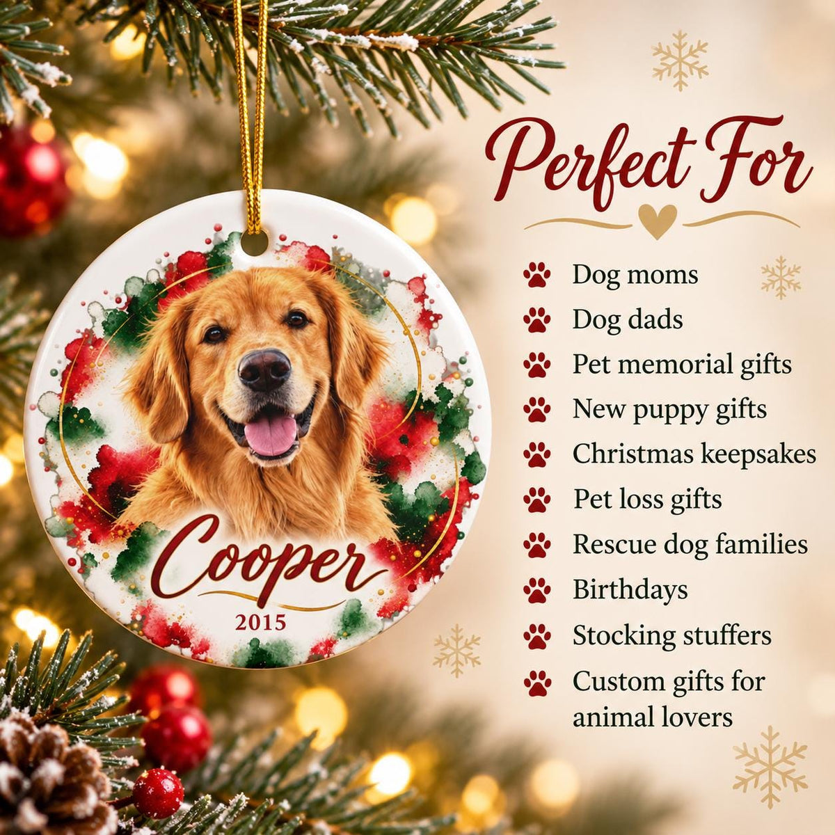 Personalized golden retriever Christmas ornament with red and green watercolor artwork, displayed beside gift ideas for dog moms, pet memorials, new puppies, rescue families, and animal lovers.