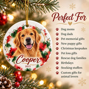Personalized golden retriever Christmas ornament with red and green watercolor artwork, displayed beside gift ideas for dog moms, pet memorials, new puppies, rescue families, and animal lovers.