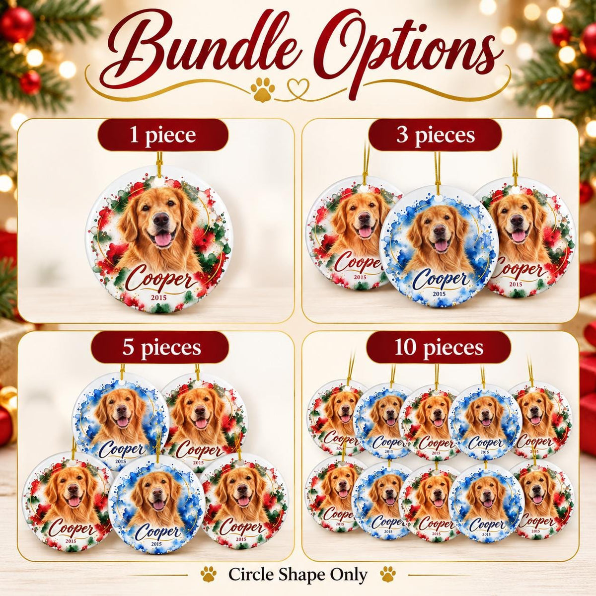 Personalized round ceramic pet ornaments featuring golden retriever portraits in blue and festive red and green watercolor designs, showing available bundle quantities of 1, 3, 5, or 10 pieces.