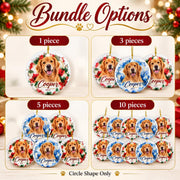 Personalized round ceramic pet ornaments featuring golden retriever portraits in blue and festive red and green watercolor designs, showing available bundle quantities of 1, 3, 5, or 10 pieces.