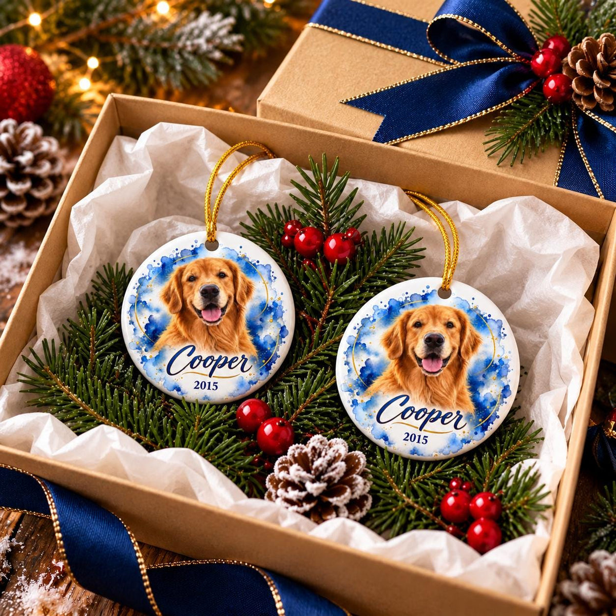 Two personalized ceramic golden retriever ornaments featuring Cooper's name, year 2015, and blue watercolor backgrounds, presented in a holiday gift box with navy ribbon, evergreen branches, and festive berries.
