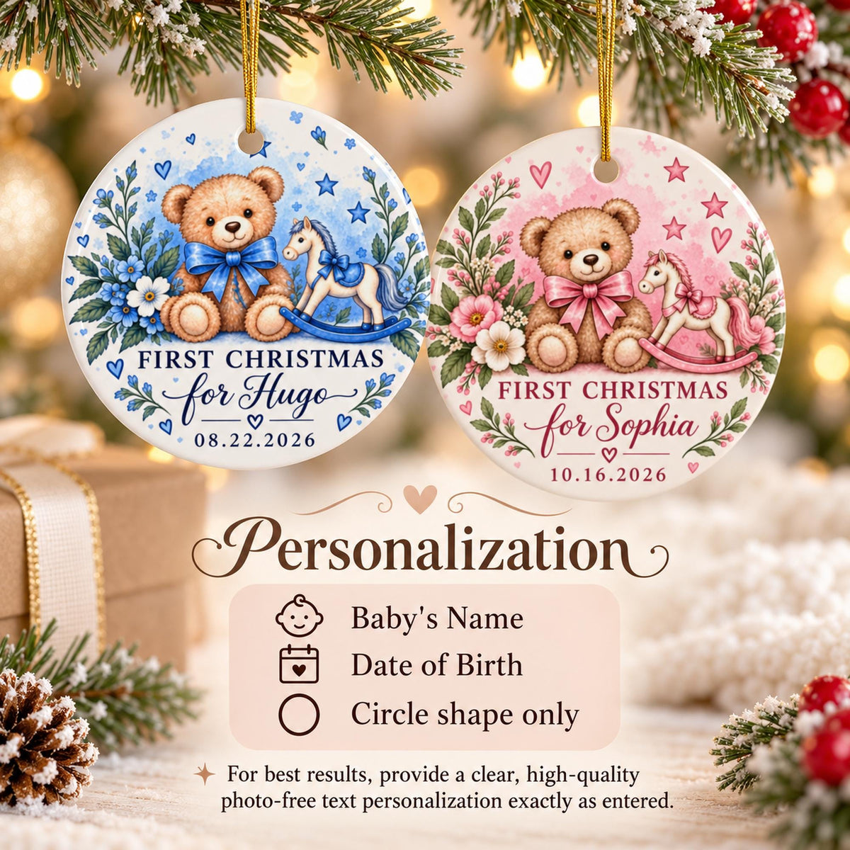 Personalization information mockup showing blue and pink Baby’s First Christmas ornament options with custom name, date, and color choice.