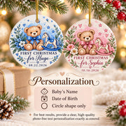 Personalization information mockup showing blue and pink Baby’s First Christmas ornament options with custom name, date, and color choice.