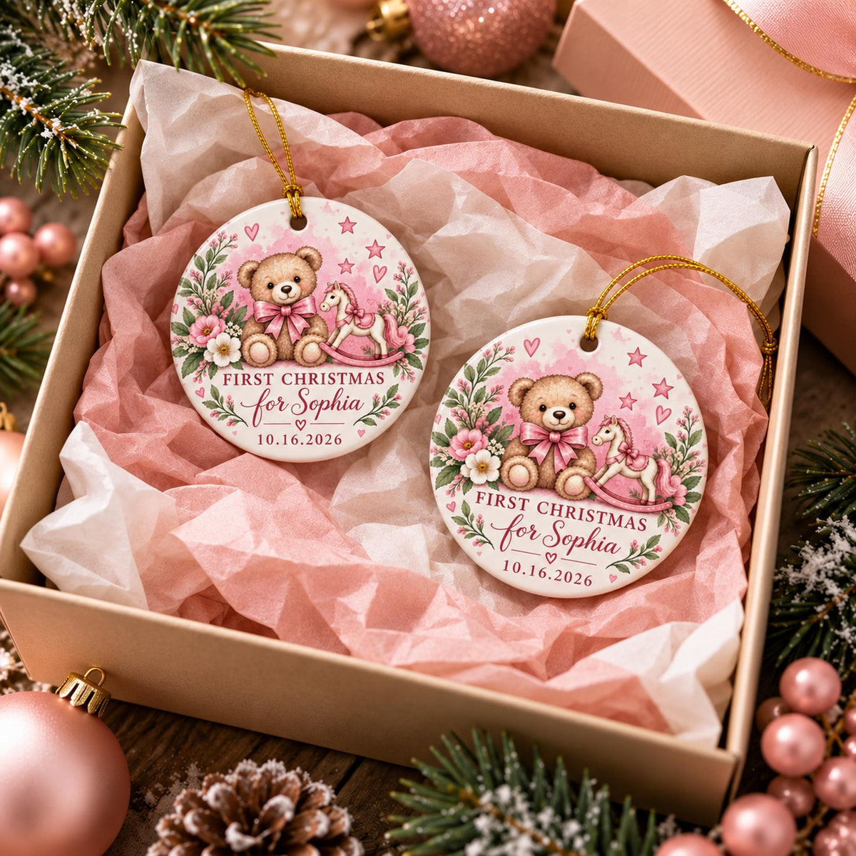 Two personalized pink baby ornaments displayed in a soft gift box with satin fabric, custom names, dates, teddy bears, and floral details.