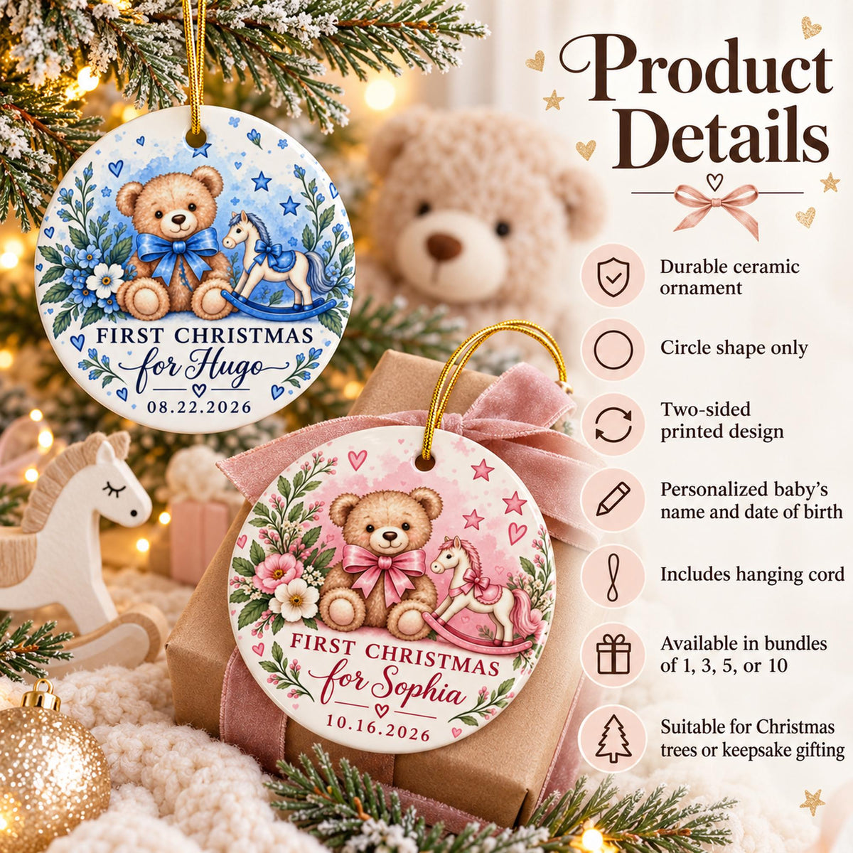 Product details mockup for personalized ceramic Baby’s First Christmas ornaments featuring teddy bear and rocking horse designs, two-sided printing, hanging cord, and bundle options.