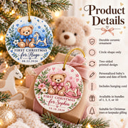 Product details mockup for personalized ceramic Baby’s First Christmas ornaments featuring teddy bear and rocking horse designs, two-sided printing, hanging cord, and bundle options.