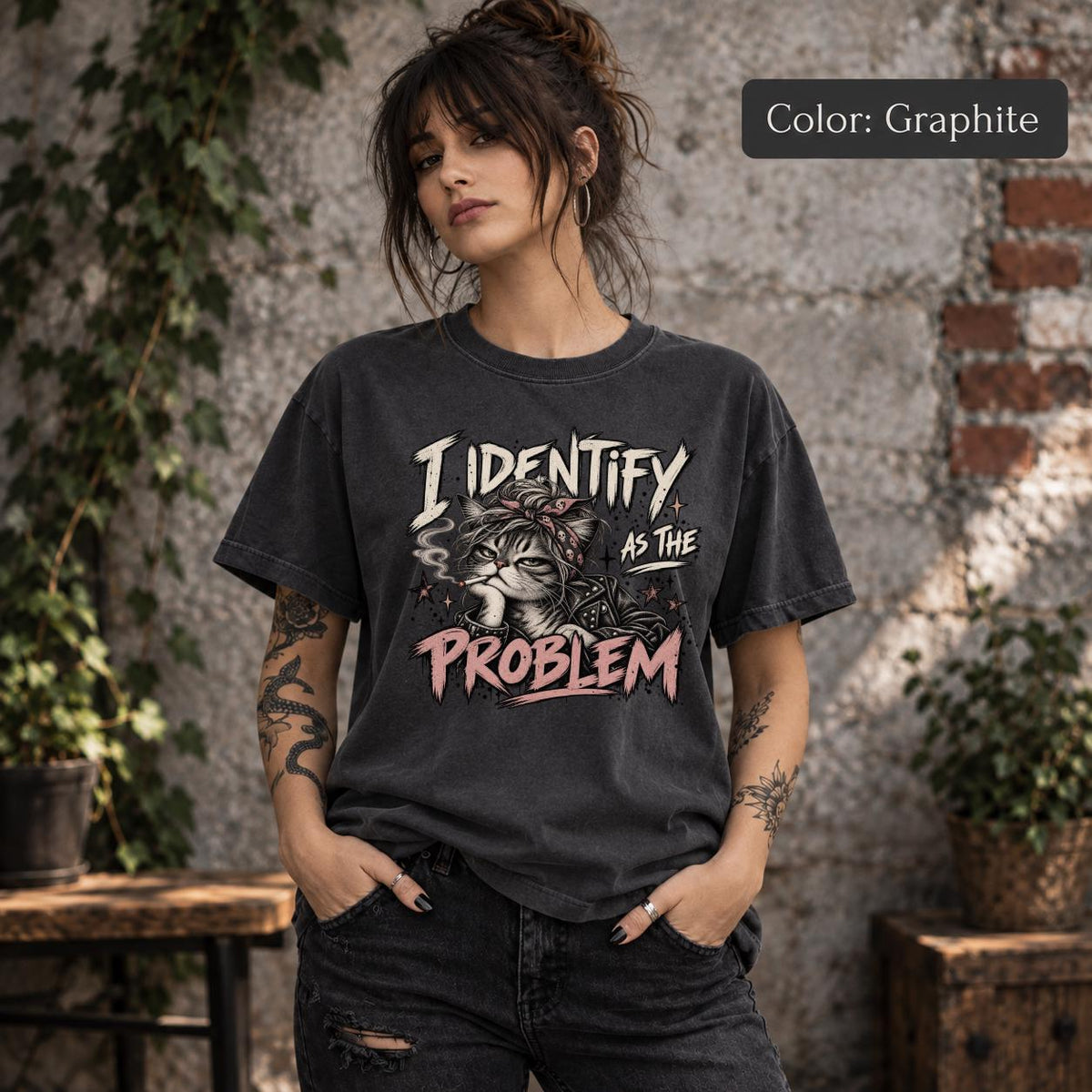 Graphite Comfort Colors tee featuring the distressed “I Identify as the Problem” artwork on a dark charcoal-style shirt.
