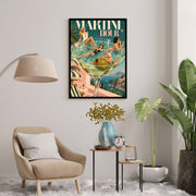 Framed retro bar poster displayed above a cream armchair with a floor lamp and green houseplants. The colourful illustration features four women relaxing in a martini glass with elegant swimwear and vintage sunglasses.
