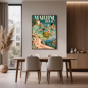 Vintage Italian Riviera wall art displayed above a wooden dining table in a contemporary interior. The playful cocktail poster features glamorous women enjoying a poolside-inspired scene inside an oversized martini glass.