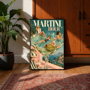 Funky cocktail wall art displayed in a warm wood-paneled interior with a vintage rug and tropical greenery. The Martini Hour design features a giant cocktail glass, fashionable women, and a beautiful coastal backdrop.