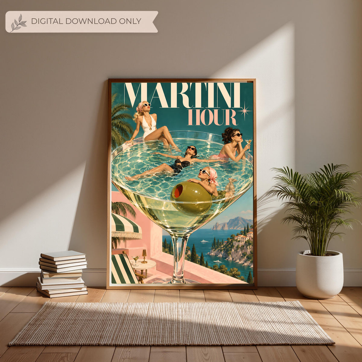 Vintage-inspired cocktail wall art resting on a light wooden console table against a warm neutral wall. The Martini Hour design features four fashionable women relaxing in a giant martini glass overlooking coastal cliffs.