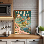 Martini Hour printable art displayed above a kitchen countertop with white subway tiles, wooden cabinetry, and open shelves. The colourful retro poster features glamorous poolside fashion and a giant martini cocktail.