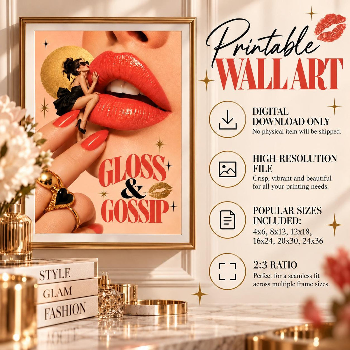 Gloss and Gossip digital wall art displayed beside a printable information panel. The retro beauty poster features glossy red lips and a fashionable woman, with details explaining the digital download, 2:3 aspect ratio, compatible print sizes, and no physical item shipped.