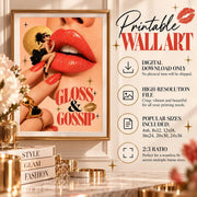 Gloss and Gossip digital wall art displayed beside a printable information panel. The retro beauty poster features glossy red lips and a fashionable woman, with details explaining the digital download, 2:3 aspect ratio, compatible print sizes, and no physical item shipped.