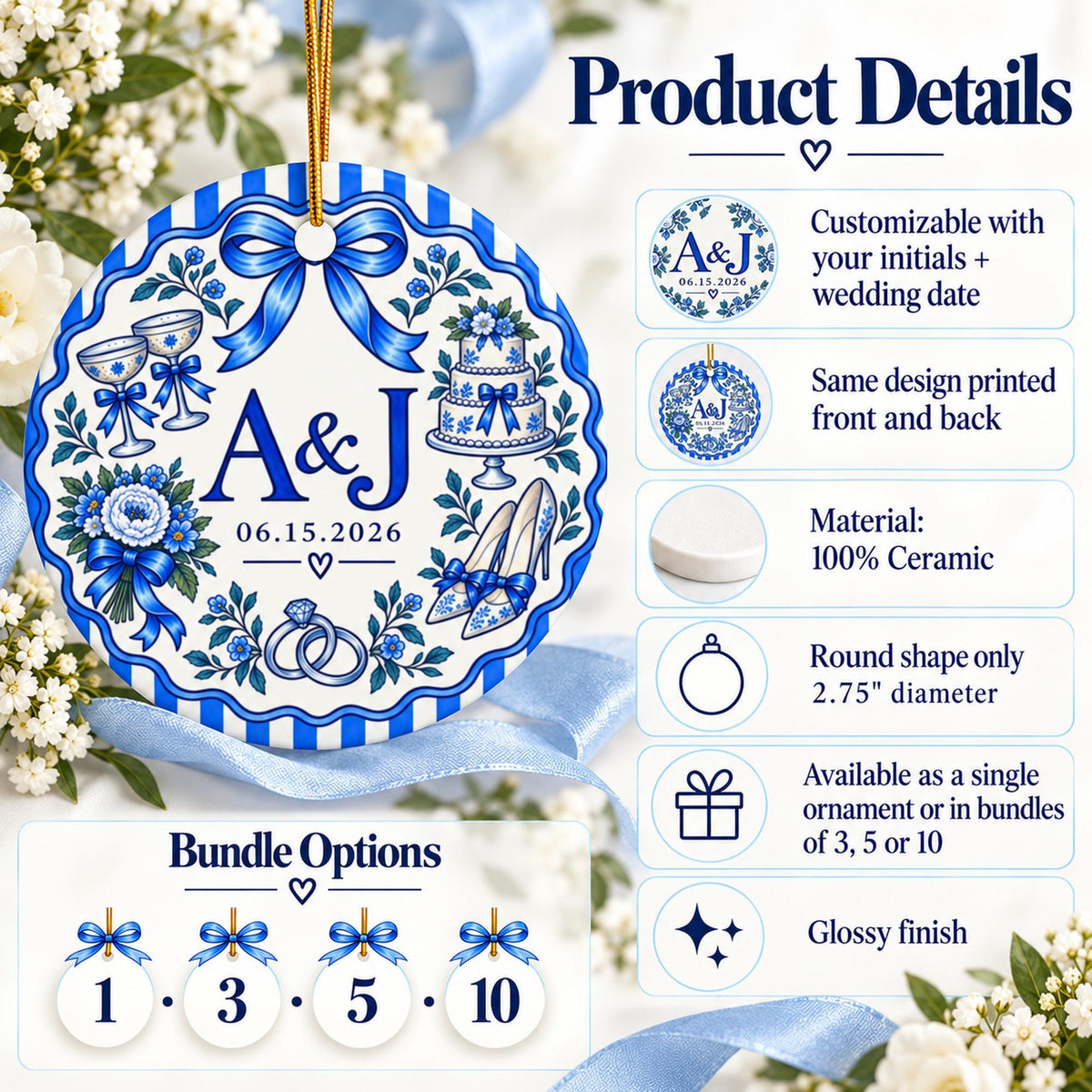 Personalized blue porcelain wedding ornament product information showing custom initials, wedding date, glossy ceramic finish, 2.75-inch round shape and bundle options.