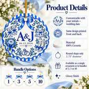 Personalized blue porcelain wedding ornament product information showing custom initials, wedding date, glossy ceramic finish, 2.75-inch round shape and bundle options.