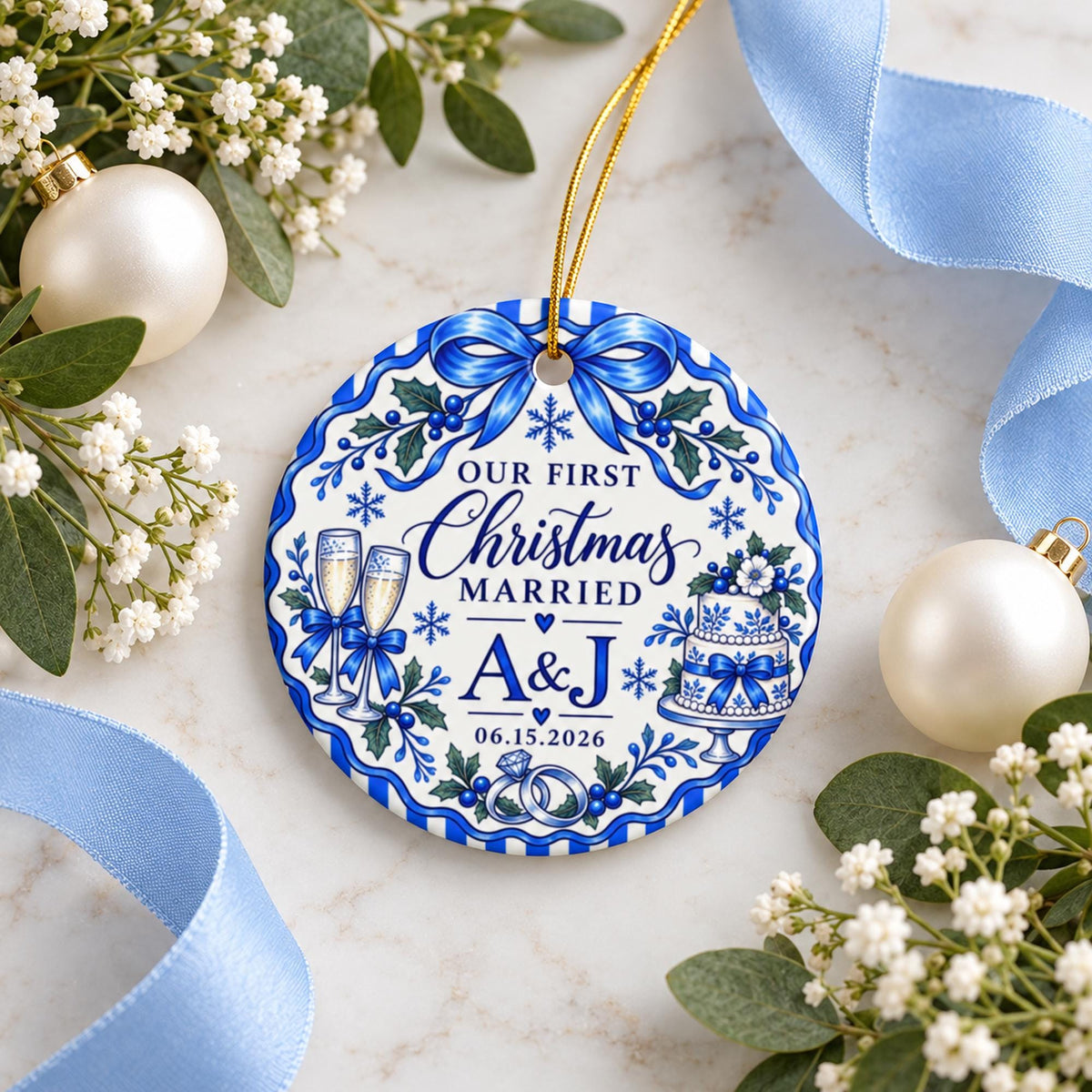 Our First Christmas Married ceramic ornament with personalized initials, wedding date, delicate blue floral artwork and winter greenery, styled with white flowers and holiday decorations.
