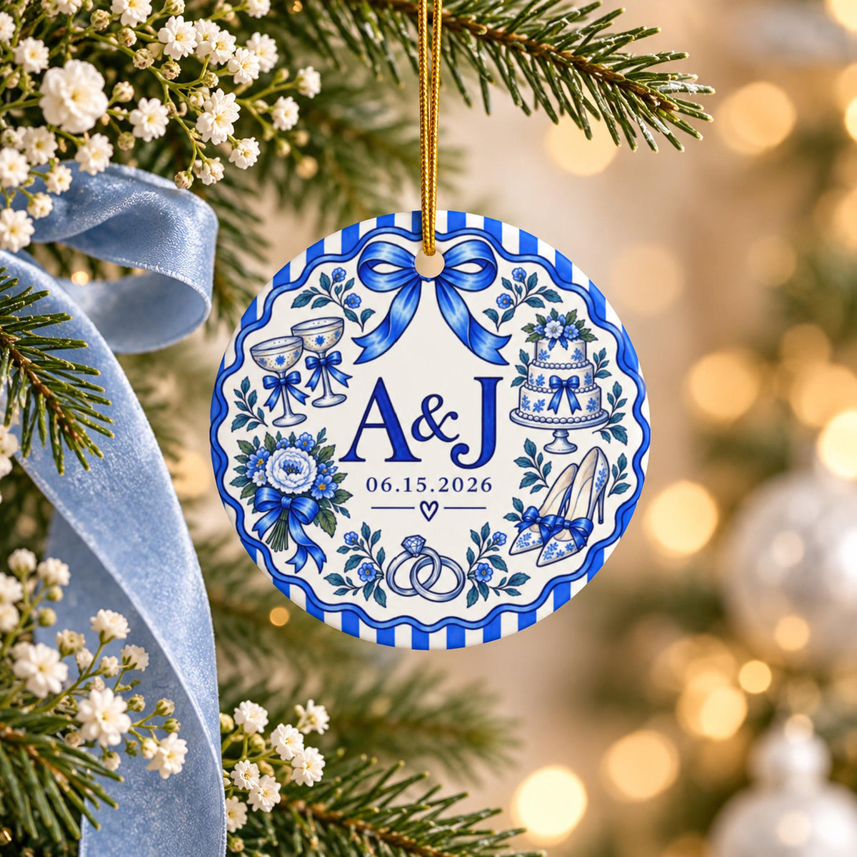 Round blue and white wedding keepsake ornament hanging from an evergreen Christmas tree, featuring custom initials, wedding date, champagne glasses, bridal shoes and floral illustrations.