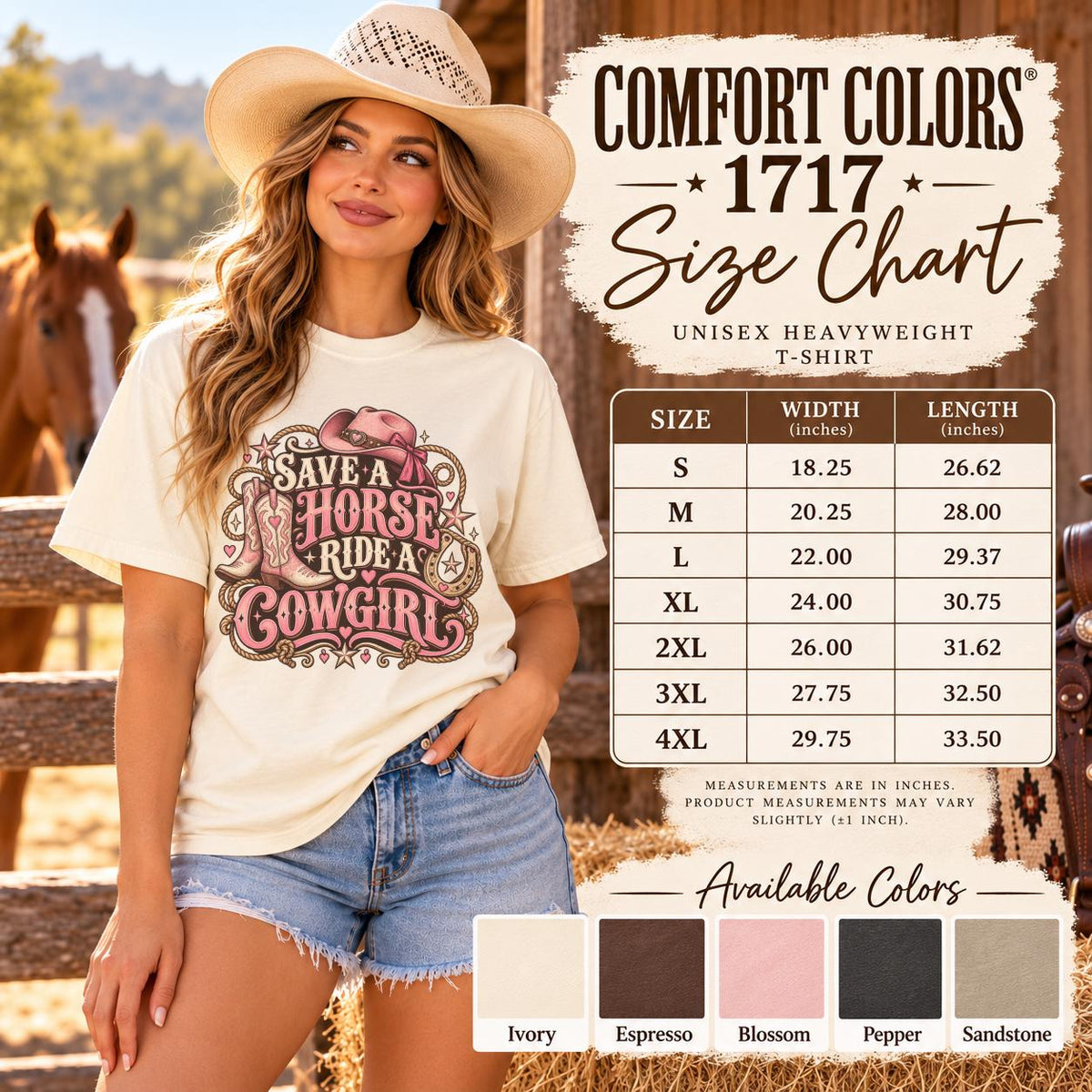 Comfort Colors 1717 unisex T-shirt size chart featuring a cowgirl model in an ivory graphic tee, shirt measurements from small to 4XL and available colors Ivory, Espresso, Blossom, Pepper and Sandstone.