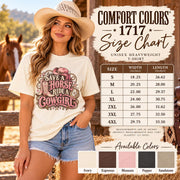 Comfort Colors 1717 unisex T-shirt size chart featuring a cowgirl model in an ivory graphic tee, shirt measurements from small to 4XL and available colors Ivory, Espresso, Blossom, Pepper and Sandstone.