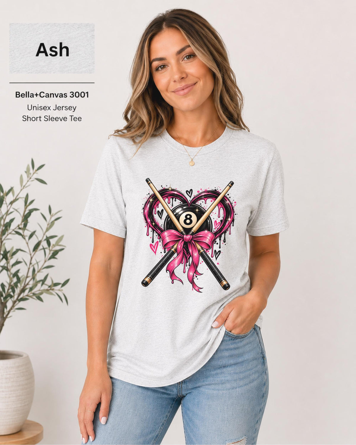 Ash Bella+Canvas tee featuring the pink and black pool graphic on a light neutral shirt color.