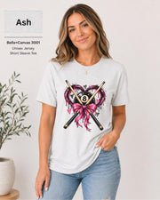Ash Bella+Canvas tee featuring the pink and black pool graphic on a light neutral shirt color.
